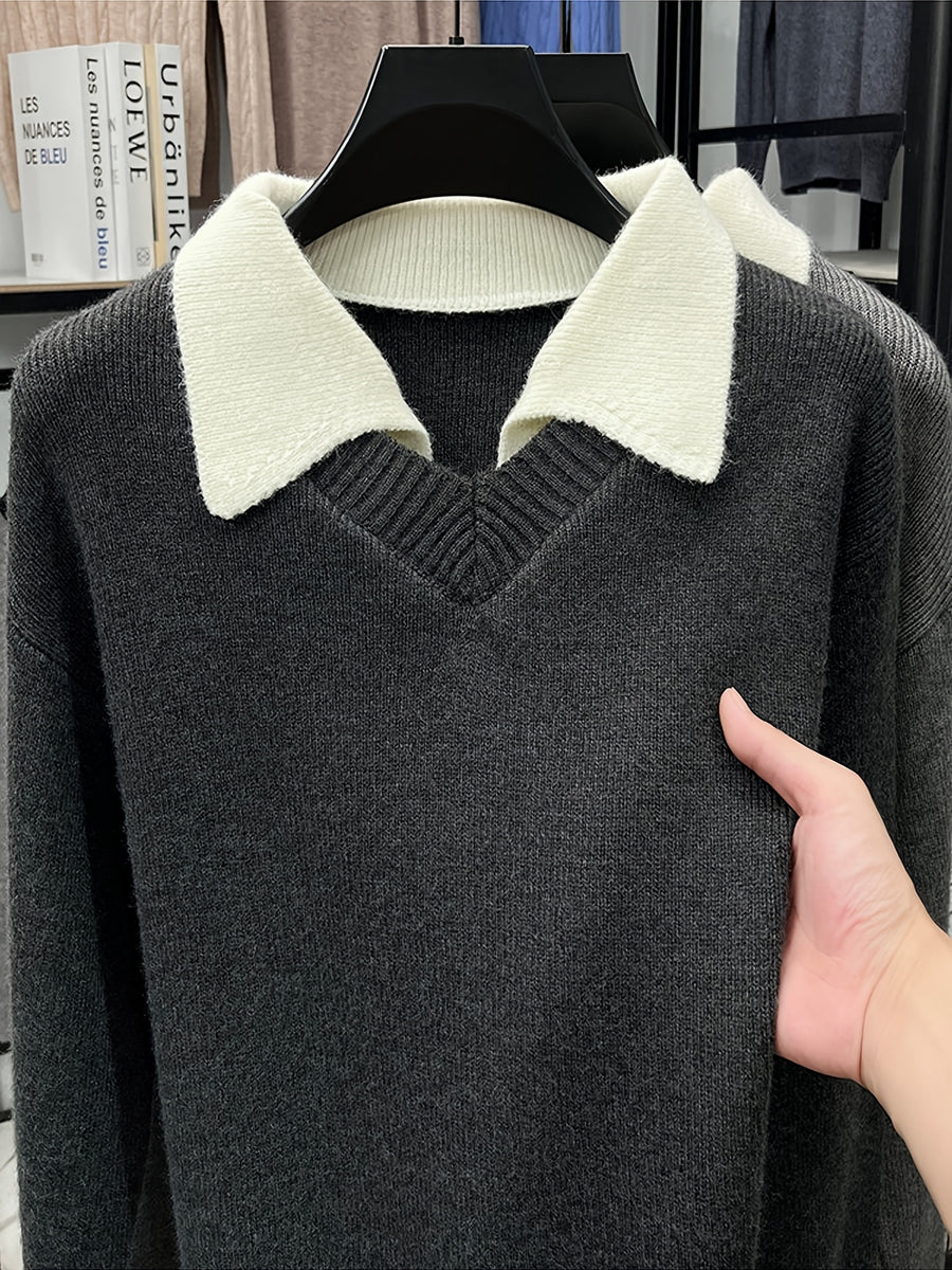 [Wading Whale OBM] 1pc Spring/Autumn New Men'S Knit Pullover Sweater, Old Money Style Color-Block Striped Faux Two-Piece Patchwork Lapel Long Sleeve Knit Pullover for Men, Business Casual Fashion Striped Sweater, Suitable for Spring, Autumn - Dark Gray