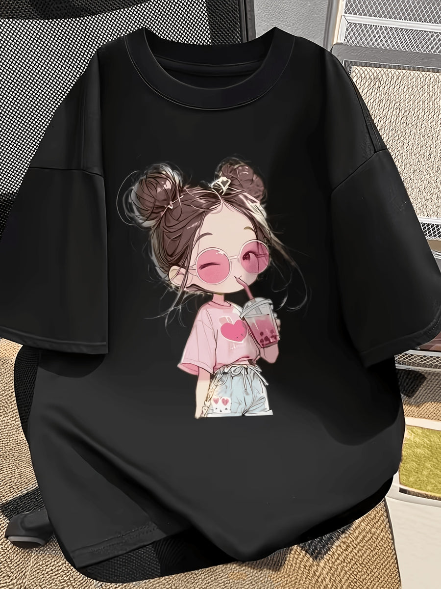 Cute And Fun Milk Tea Artistic Print T-Shirt, Women'S Casual Top - Black