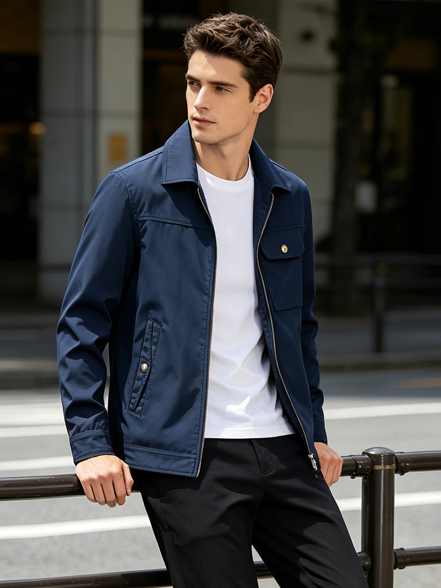 Men's Vintage Military Green Bomber Jacket with Lapel Collar & Zipper Closure - Loose Fit Multi-Pocket Coat Suitable for Spring/Autumn, Casual Streetwear Outerwear, Hand Washable Retro Blazer - Dark Blue
