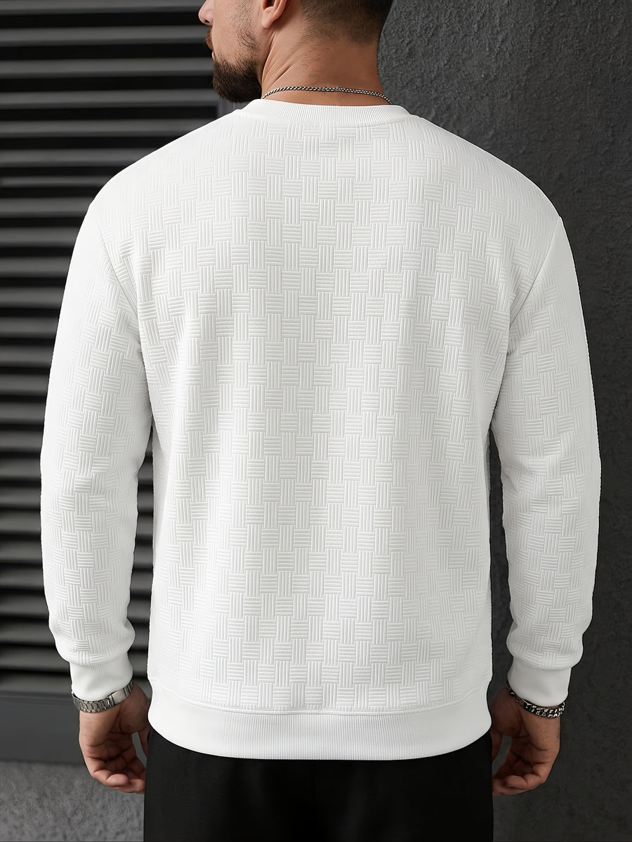 Men's Long Sleeve Sweatshirt, Autumn/Winter Loose Fit Textured Jacquard Ribbed Collar Knit Pullover, Men's Crew Neck Knitwear T-Shirt, Casual Fashion Sport Top - White