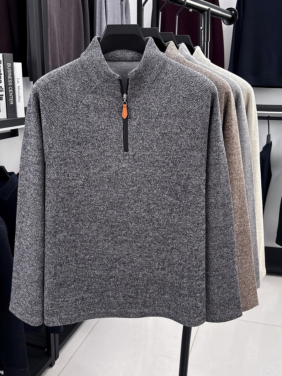 1pc Du Jing Lan OBM Men's Half-Zip Sweater - Solid Color Ribbed Knit Pullover with Stand Collar, Half-Zip Front Suitable for Layering, Business Casual & Outdoor Wear, Long Sleeve for Golf, Basketball, Daily Layering ( Autumn/Winter New Arrival) - Dark Gray