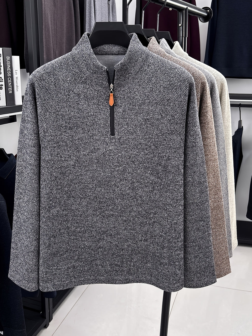 1pc Du Jing Lan OBM Men's Half-Zip Sweater - Solid Color Ribbed Knit Pullover with Stand Collar, Half-Zip Front Suitable for Layering, Business Casual & Outdoor Wear, Long Sleeve for Golf, Basketball, Daily Layering ( Autumn/Winter New Arrival) - Dark Gray