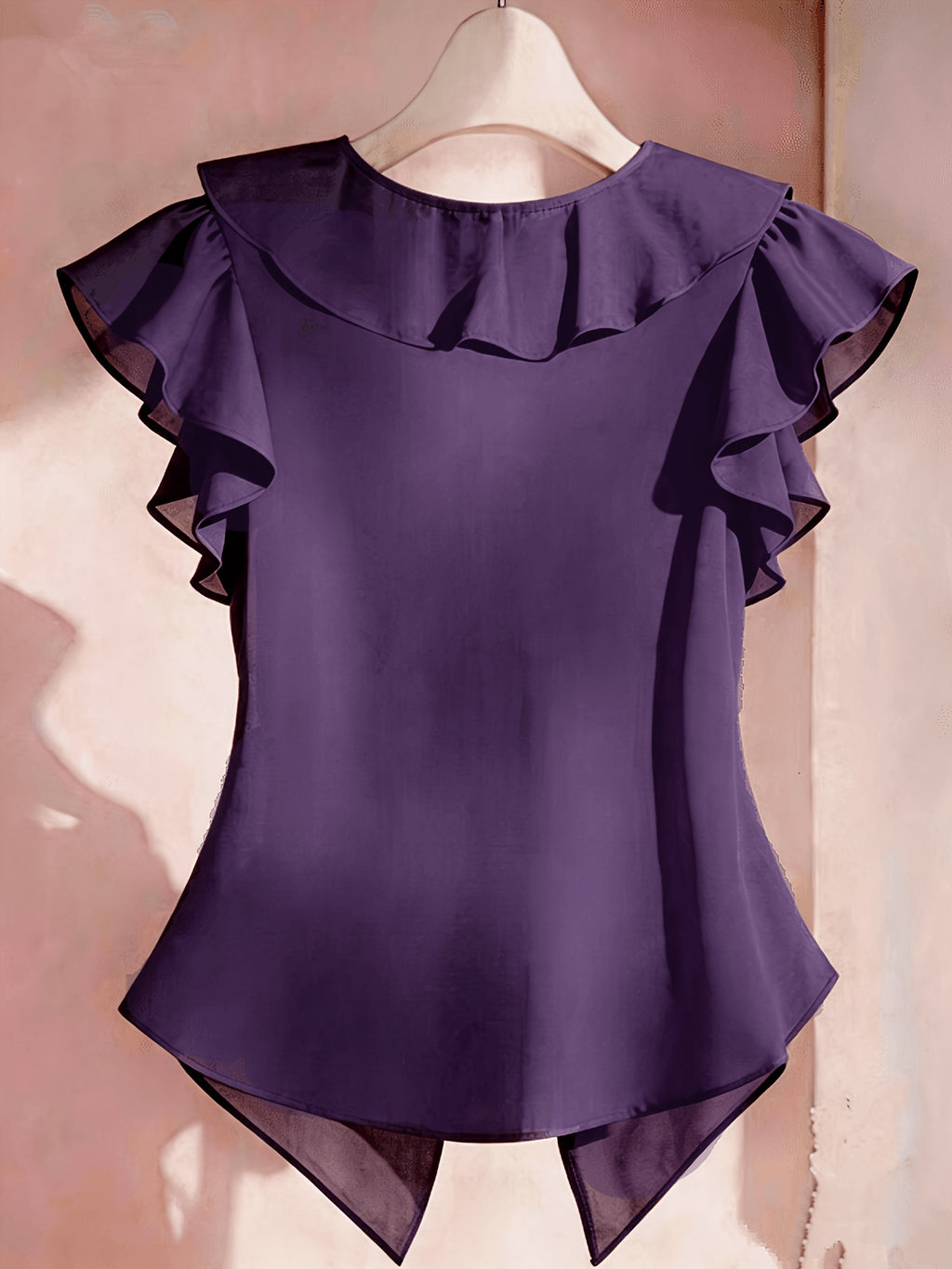 Summer French Solid Ruffled Fly Short Sleeve Shirt Chiffon Top Women'S - Dark Violet