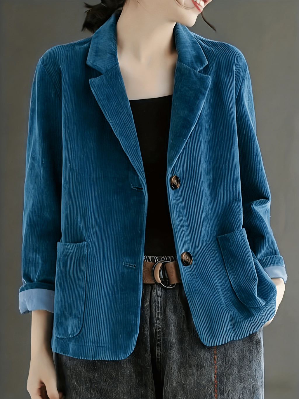 Women's Autumn Casual Jacket, Vintage Style Blue Loose Fit Single-Breasted Button, Versatile Casual Blazer - Sea Blue