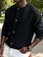 Men's Classic Button-Front Cardigan - Stretch Knit Button-Up with Solid Color, Warm Winter Outerwear Suitable for Daily, Office & Weekend Wear, Belt-Free Regular Fit for - Layering - Black