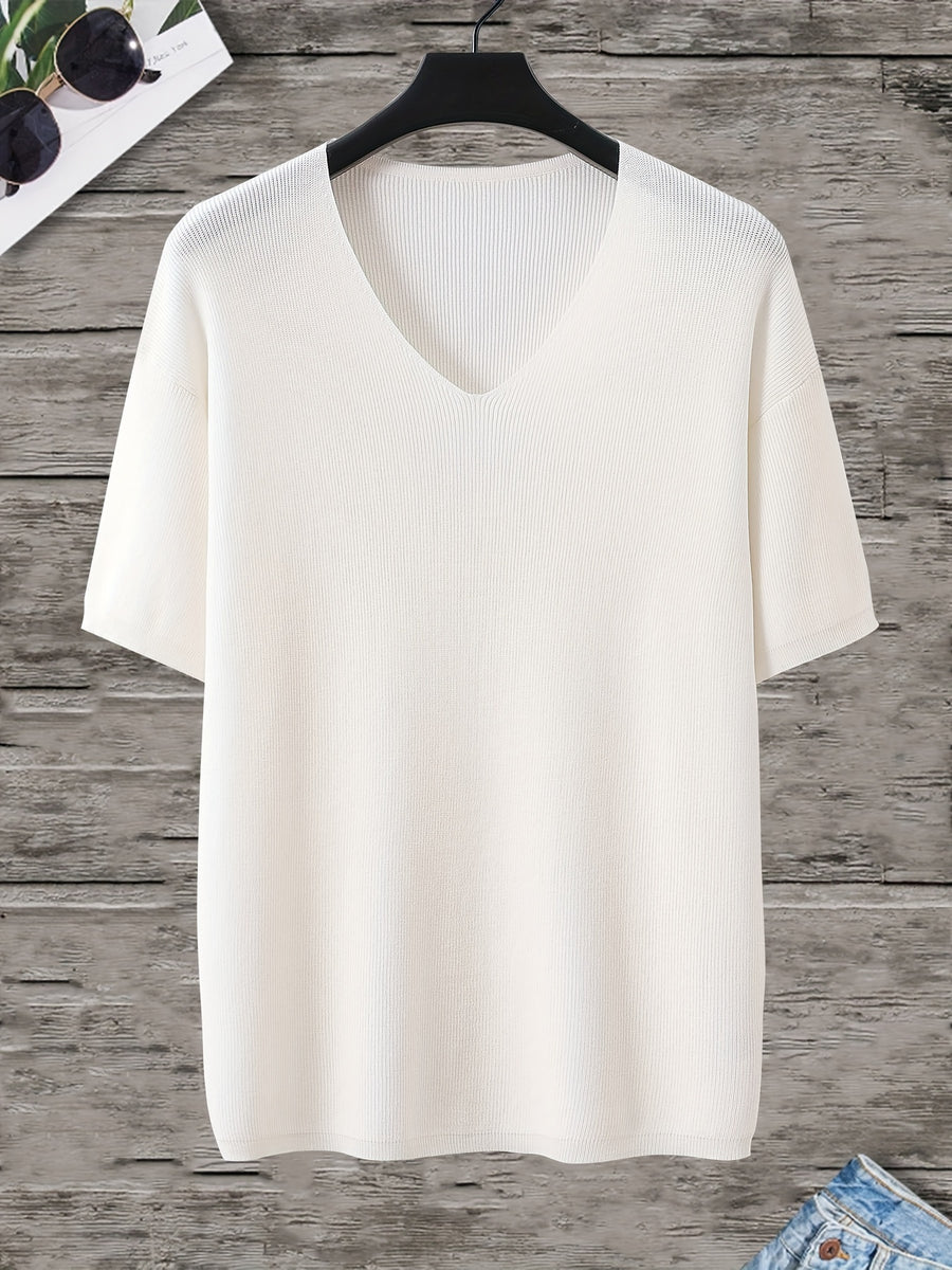 Men'S Loose-Fitting Short-Sleeve Pullover with a V-Neck And Dropped Shoulders, Knit - White