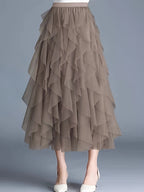 Chic Elegance, Elegant High-Waist A-Line Tulle Skirt for Women - Chic Korean-Style Spring Collection, Sheer Brown Polyester with Delicate Mesh Layers, Perfect for Summer Skirt - Khaki