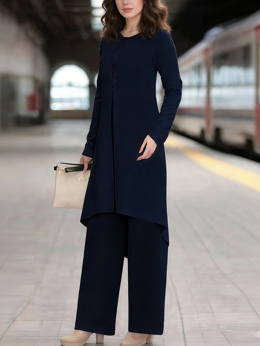 Ramadan Elegant Ladies Set Abaya Dress And Pants Solid Color Round Neck Embroidered Chest And Sleeve Applique Top Elastic Waist Long Pants Commute Casual Two-Piece Set - Navy Color