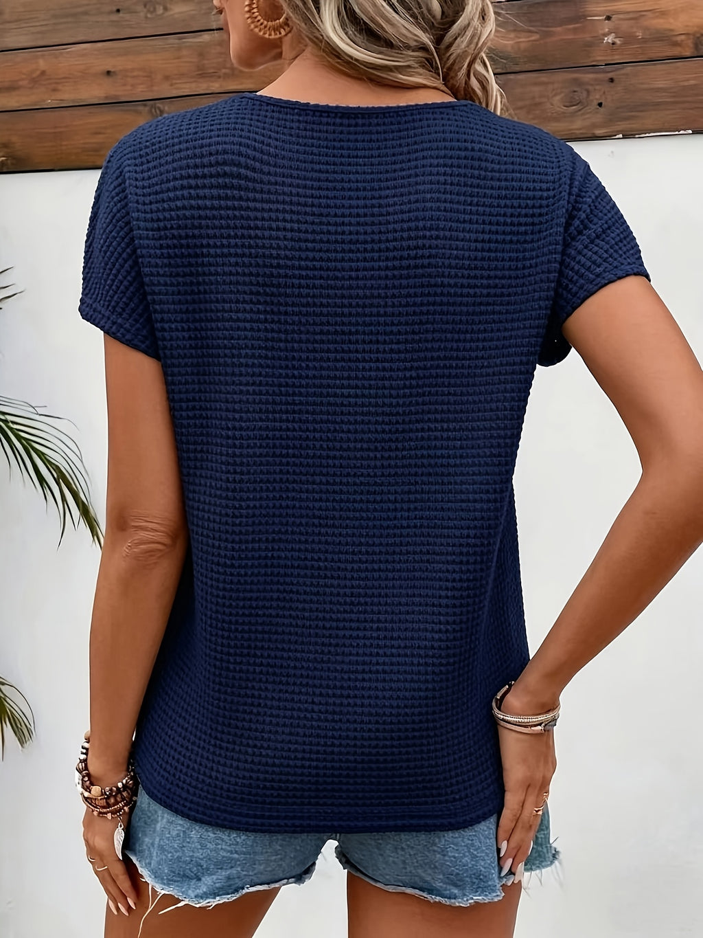Lace-paneled Waffle- Off-shoulder Short-sleeve T-shirt - Navy Color