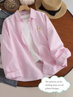 Korean-style Versatile Minimalist Basic Men's Shirt with Fun Cartoon Print, Lapel Collar, Long Sleeves, and Thin Pinstripe Pattern for Daily Casual Wear - Pink Color