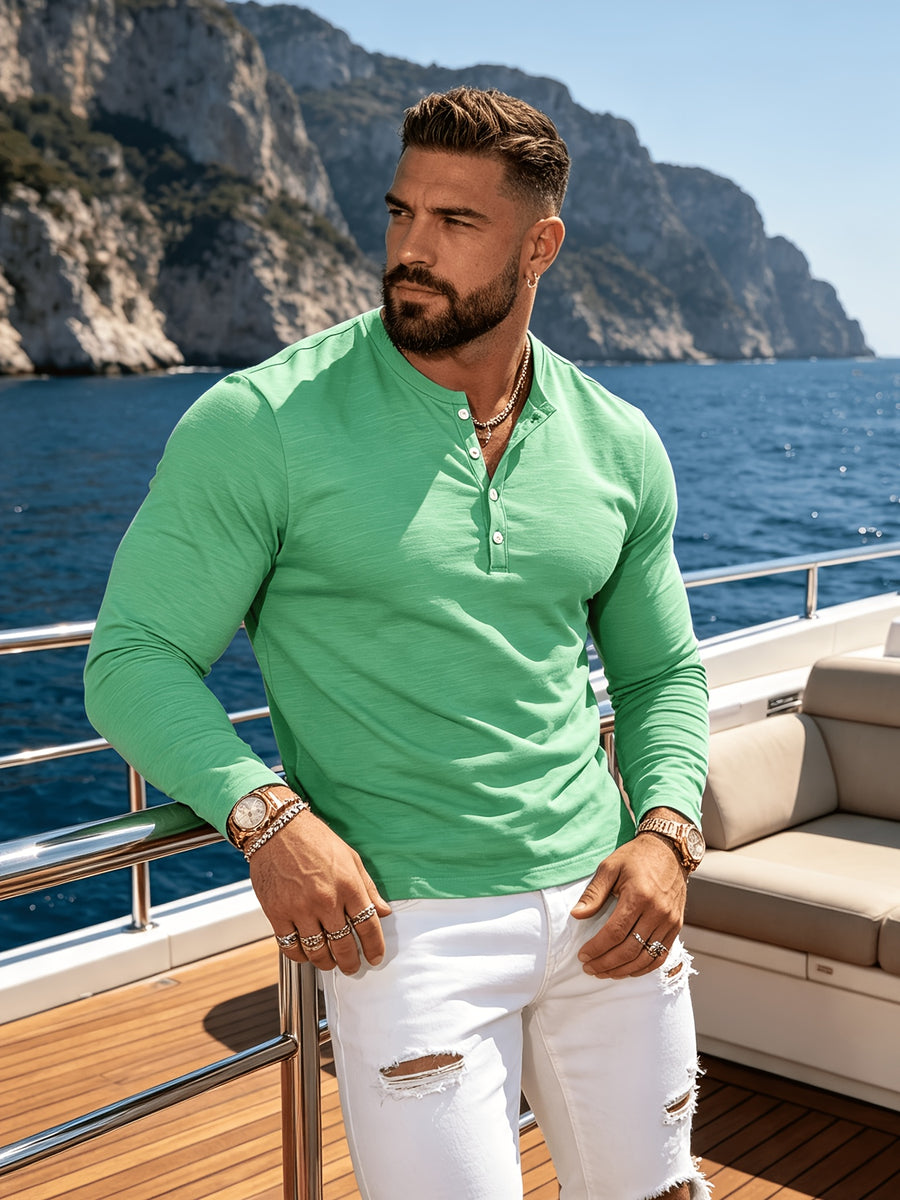 2pcs New Men's Fashionable Sporty Long-Sleeve Pure Cotton Henley Button-Up Shirt, Spring/Autumn Casual, Comfortable, Soft, Trendy, Simple, High-End, Versatile, and Refreshing - Mixed Color 8