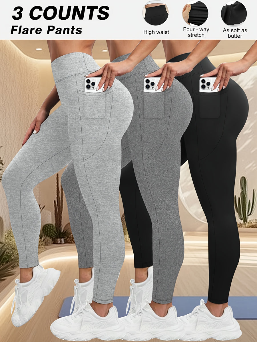 Plus Size - Plus Size - Set of 3 Plus-Size High-Waisted Tight Leggings for Women, Suitable for Outdoor And Workouts. The Fabric Is Highly Elastic, Providing Tummy Control And a Effect. Features Side Pockets for Phone Storage - 1 black 1 dark heather gray 1 light heather gray