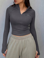 Slim-Fit Long-Sleeve T-Shirt with a Half Zipper for a Stylish Look - Grey