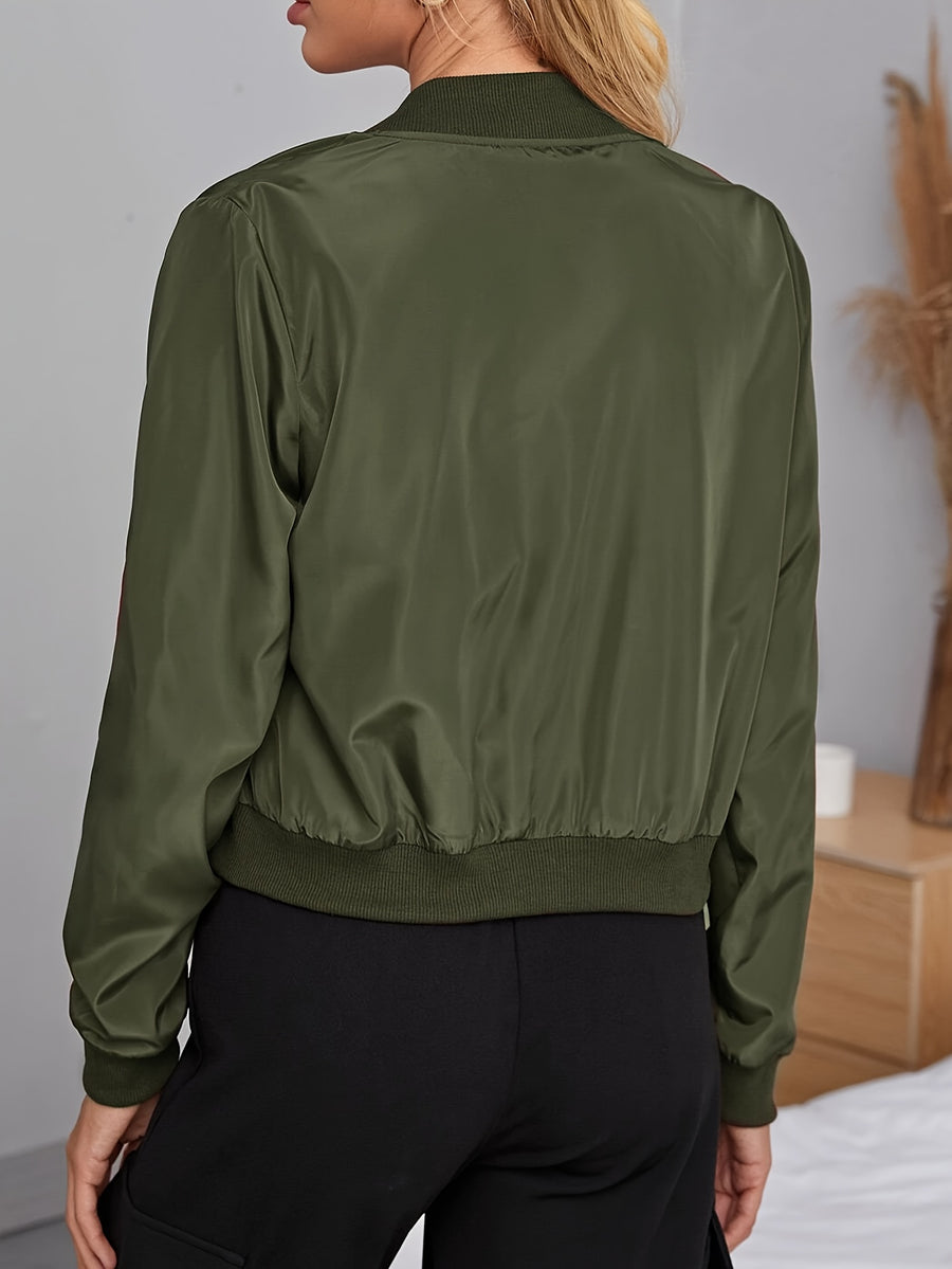 Elegant Women's Bomber Jacket - Casual Polyester, Machine Washable, Solid Color with Baseball Collar for Spring/Fall - Olive Green