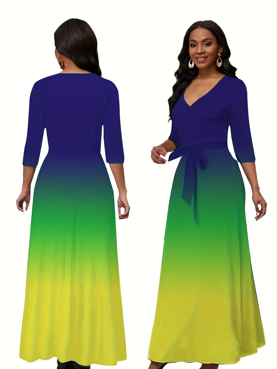 Western Fashion Solid Color V-Neck Women'S Dress Elegant Long Dress with Belt - Blue Green Yellow Gradient