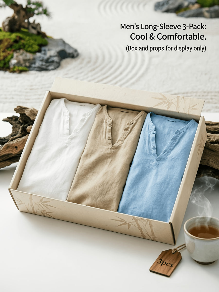 Men'S Linen Long-Sleeve 3pcs, Breathable Henley Neck Loose Fit T-Shirts for Spring And Autumn, Versatile for Business Casual, Commuting, And Lounging. (Box And Props for Display Solely) - White+Khaki+Sky Blue