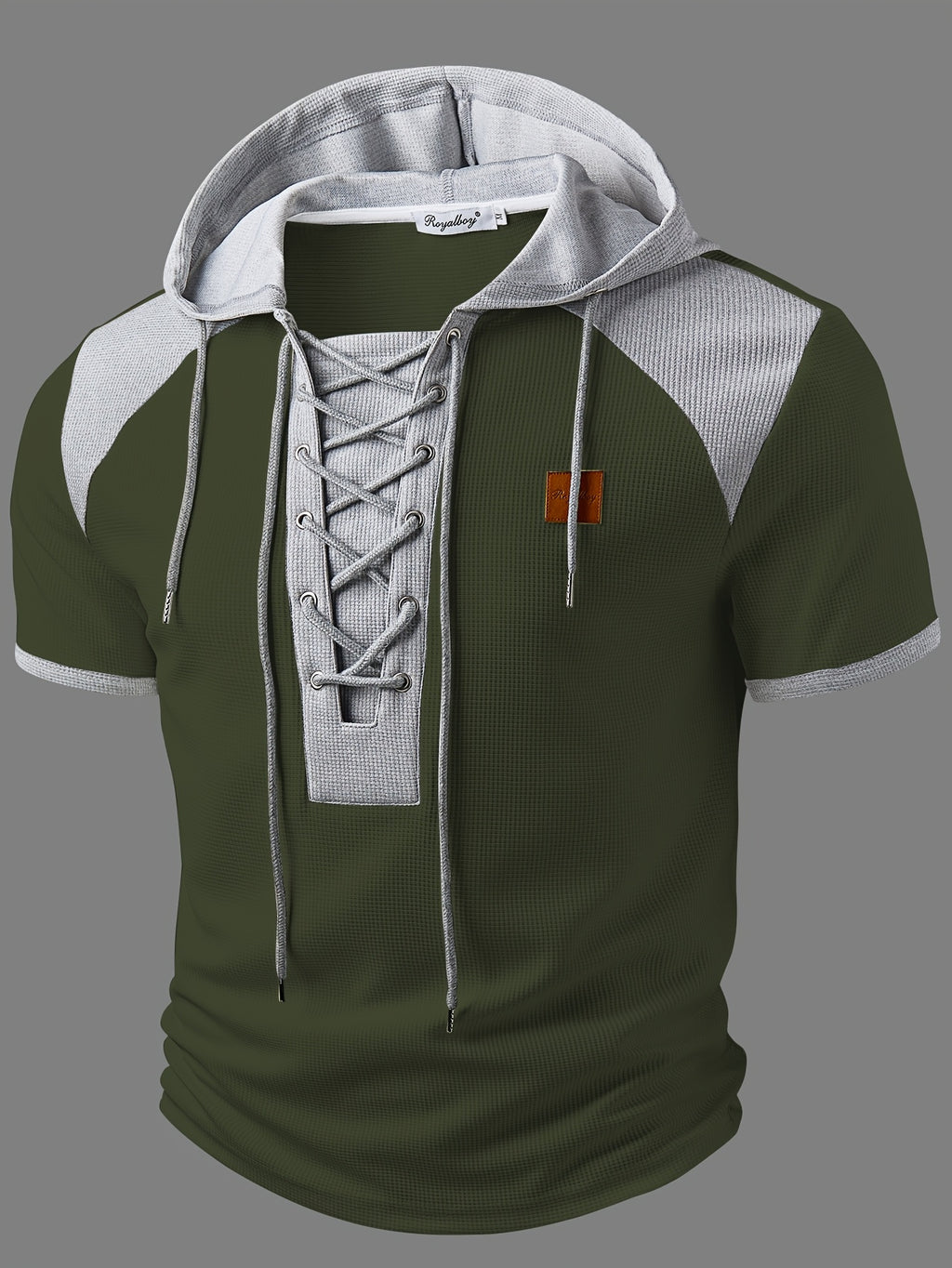 ROYALBOY Spring New Arrival: Hooded Short Sleeve with Dual-Color Waffle Knit Patchwork and Eyelet Drawstring Design. Versatile for Daily Wear, Fashionable Casual Style, Suitable for Gatherings and Parties. Machine Washable, Not Dry Cleanable - Green