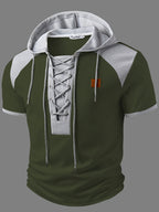 ROYALBOY Spring New Arrival: Hooded Short Sleeve with Dual-Color Waffle Knit Patchwork and Eyelet Drawstring Design. Versatile for Daily Wear, Fashionable Casual Style, Suitable for Gatherings and Parties. Machine Washable, Not Dry Cleanable - Green