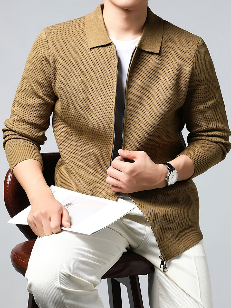 Men's Lapel Zipper Twill Knit Cardigan, Featuring a Classic Small Lapel Structure That Distinguishes It from Ordinary Crewneck Sweaters, Exuding a Sharp and Capable Business Aesthetic - SINBOS - Khaki