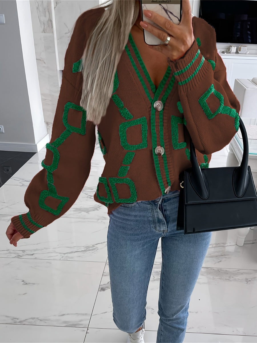Western And American Autumn Winter New Plush Patchwork Contrast Color Sweater Cardigan Coat - Coffee Brown
