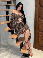 Women'S Leopard Print Off-Shoulder Long Sleeve Top And Skirt 2pcs Set - Leopard Print