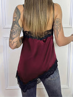 Women'S Satin Asymmetrical Cami Top, Adjustable Straps. Lace Detail on Hem, Underbust, And Neckline, Side Slit, V-Neck Design - Burgundy