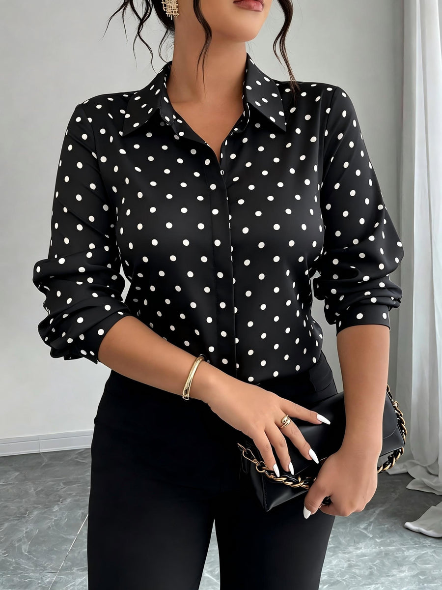 Women'S Polka Dot Long Sleeve Button-Up Shirt, Collar Style, Regular Fit, Non-Stretch Fabric, Suitable for Work And Casual Wear - Black