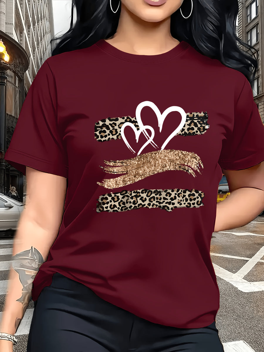 Leopard Print Heart Glitter-themed Pattern Print, Fashionable Breathable T-shirt, for Family Travel,, Casual S, Daily Commutes, Matching Outfits for Sisters, Versatile T-shirt 30057 - Red 1
