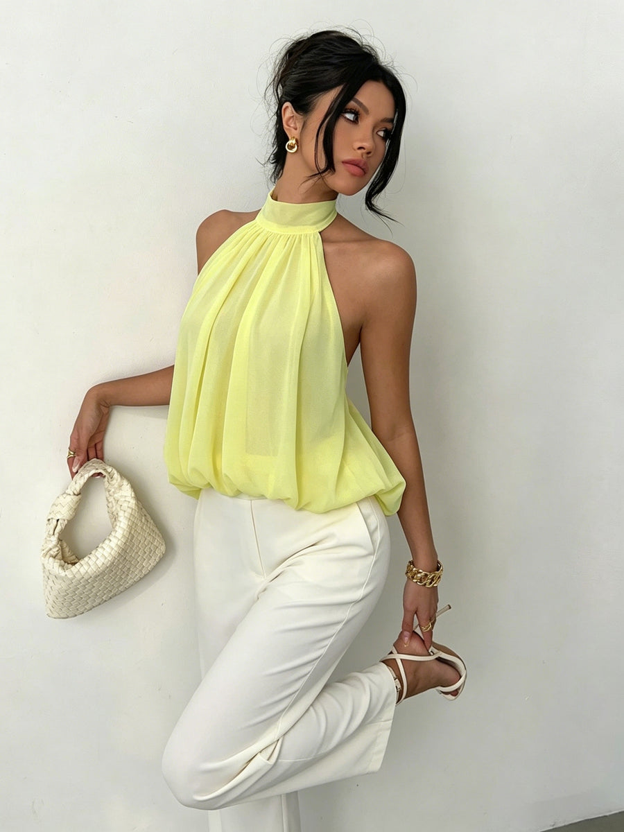 Women's Elegant Halter Neck Tie-Back Semi-Sheer Lightweight Top - Goose Yellow