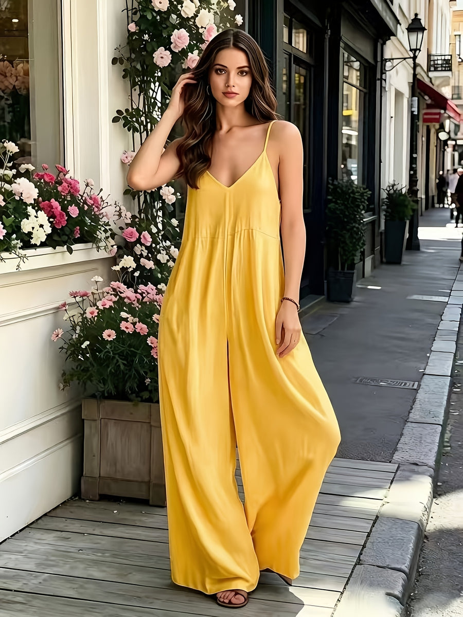 Summer Loose Drapey Wide-Leg Cami Jumpsuit, Side-Pocket Fashion Lazy Style Vacation One-Piece - orange yellow
