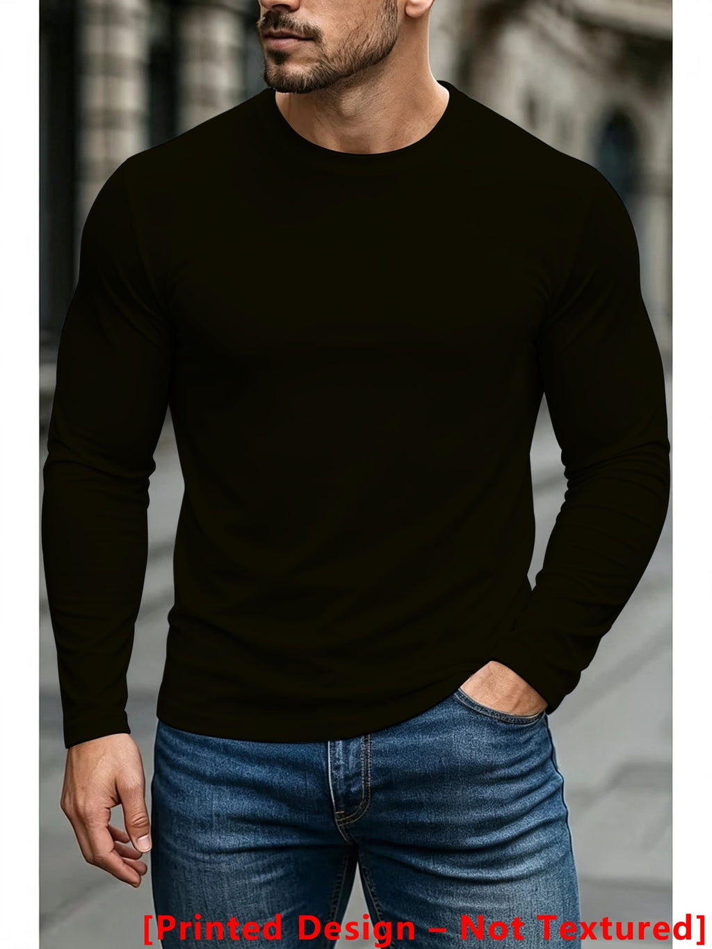 Print Design - Not Textured New Men'S Print Long Sleeve T-Shirt, Solid Black Easy Basic Versatile Durable Easy to Match with Various Bottoms for Daily Commute - Black