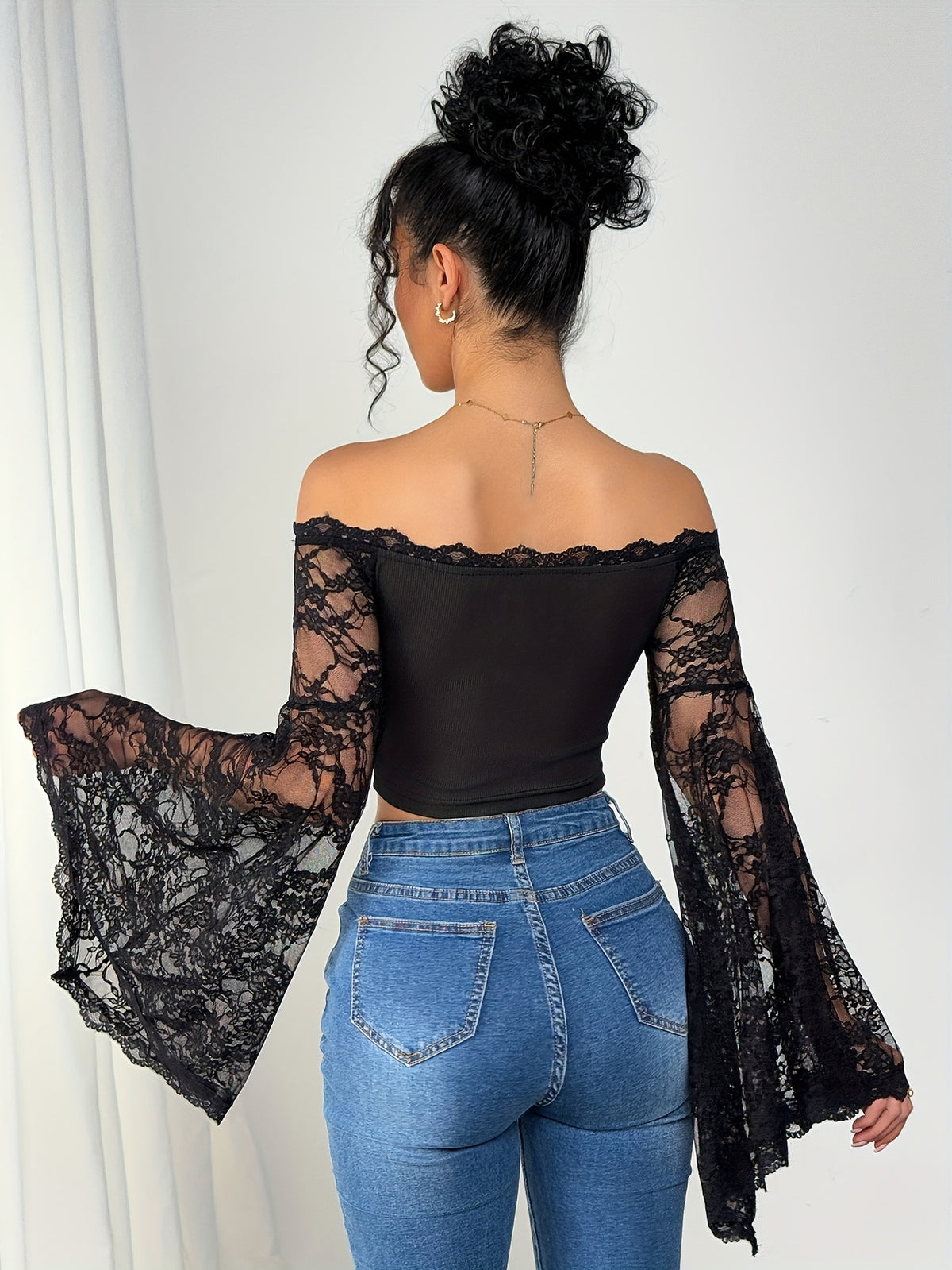 Women's Off-the-Shoulder Lace Spliced Bell Sleeve Top - Semi-Sheer Slim Fit Blouse for Spring/Summer, Casual & Party Wear, Machine Washable Elegant Tops, Spring Summer Apparel, Delicate Fabric Design - Black