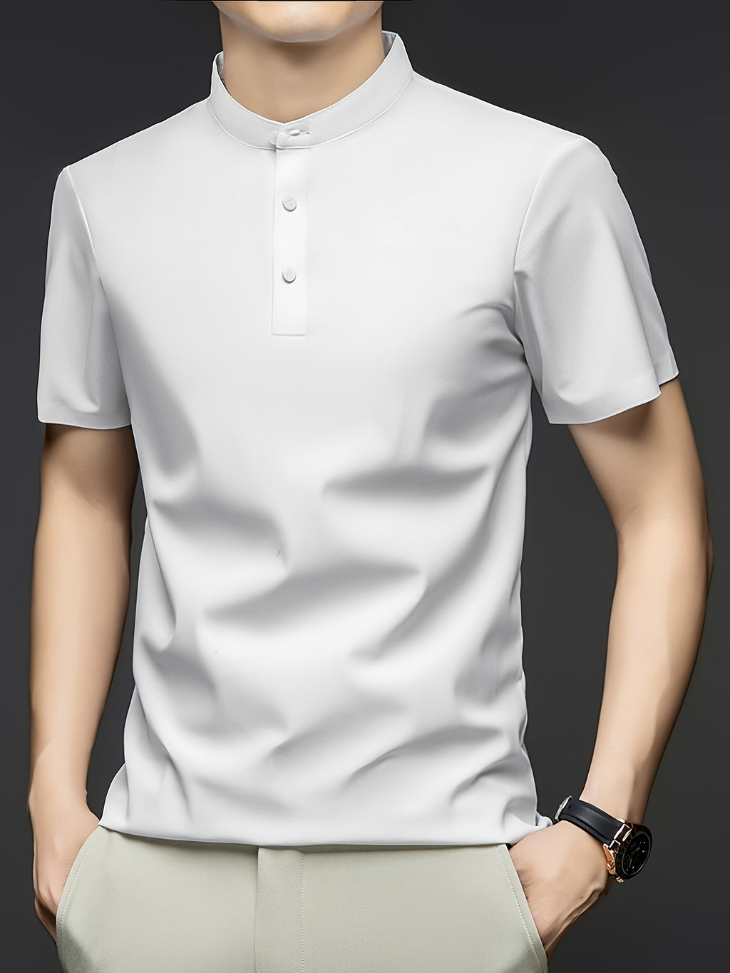 Men's Summer Mid-Life Seamless Stand Collar Short Sleeve T-Shirt, Solid Color Polyamide-Spandex Breathable Half-Sleeve Tee - White