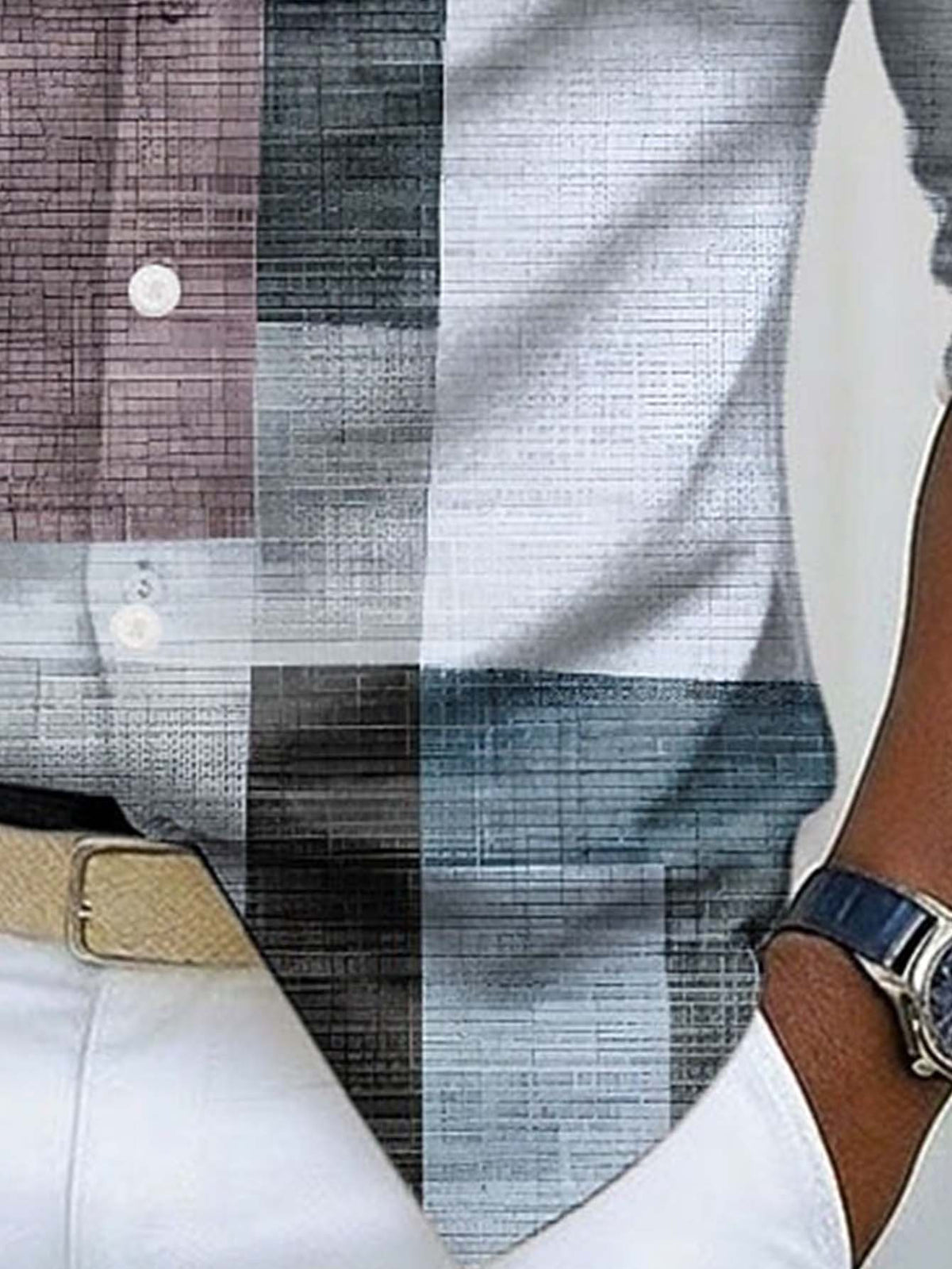 Men's Long-sleeve Shirt with Geometric Plaid Patchwork Print, Featuring a Mature Business-casual Style, Suitable for Workplace Commuting, Casual Gatherings, and Light Business Attire Occasions - Dark Cyan