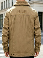 DIFFELEMENT Men's Lapel Workwear Jacket with Temperature-Locking Cold-Resistant and Wear-Resistant Snap Button Placket, Multiple Pockets for Storage, Chest Embroidery Decoration, Label Detail, Neat Stitching Craftsmanship, Classic Vintage Workwear - Khaki