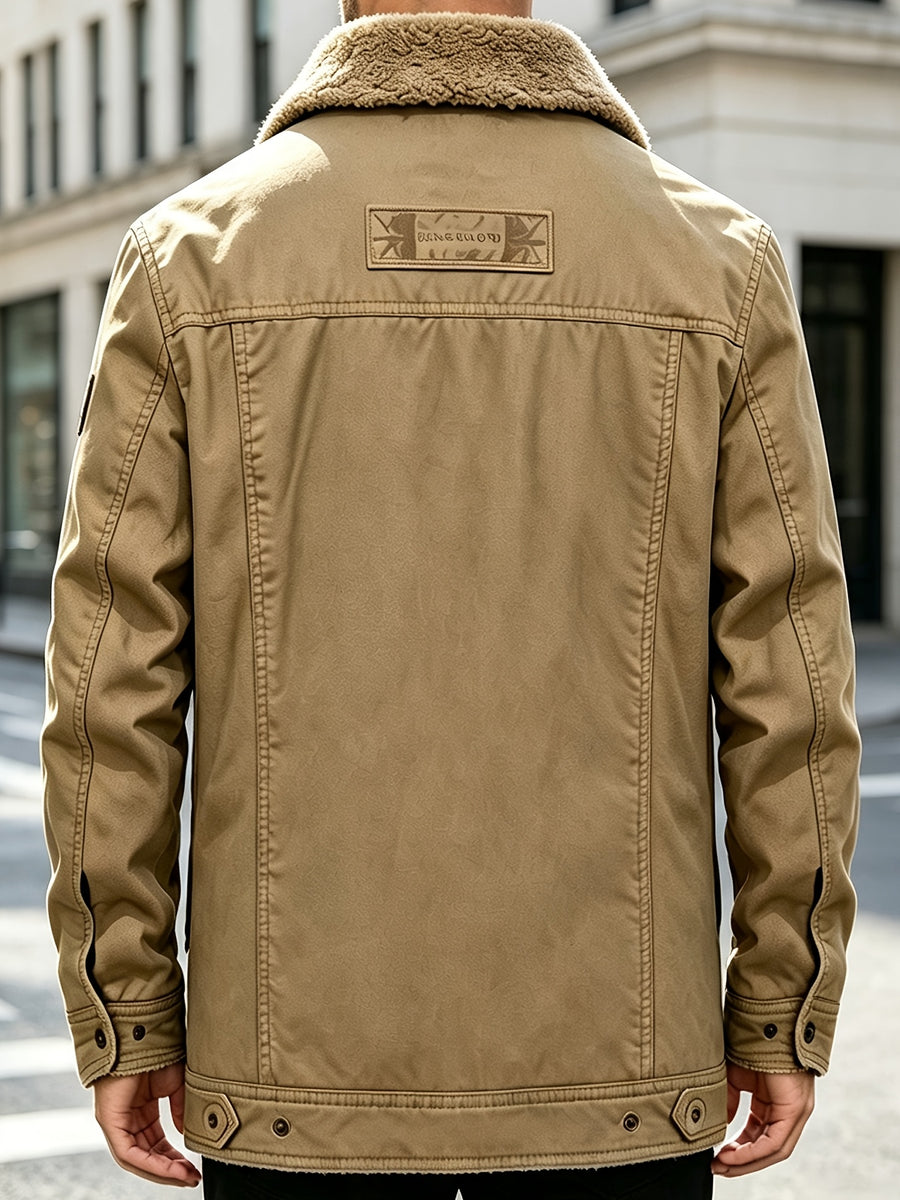 DIFFELEMENT Men's Lapel Workwear Jacket with Temperature-Locking Cold-Resistant and Wear-Resistant Snap Button Placket, Multiple Pockets for Storage, Chest Embroidery Decoration, Label Detail, Neat Stitching Craftsmanship, Classic Vintage Workwear - Khaki