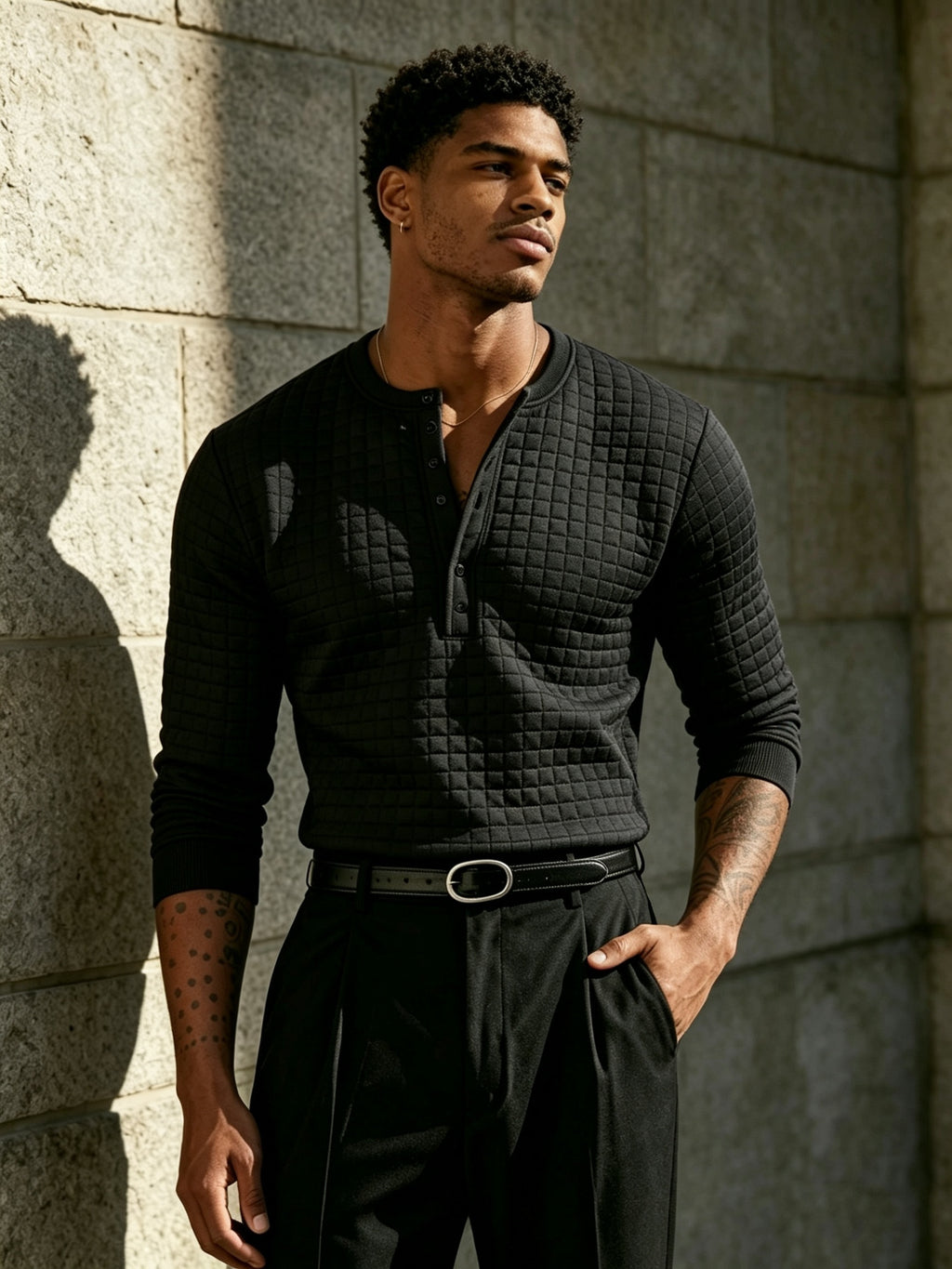 [Josh Mei OBM] Fall/Winter New Men'S Plaid Jacquard Knit Henley Pullover Shirt, Half-Button Placket Geometric Texture Long Sleeve Top, Soft Stretch Fabric, Slim Fit Versatile Casual Fashion Modern Street Style, Suitable for Commuting, Dates - Black