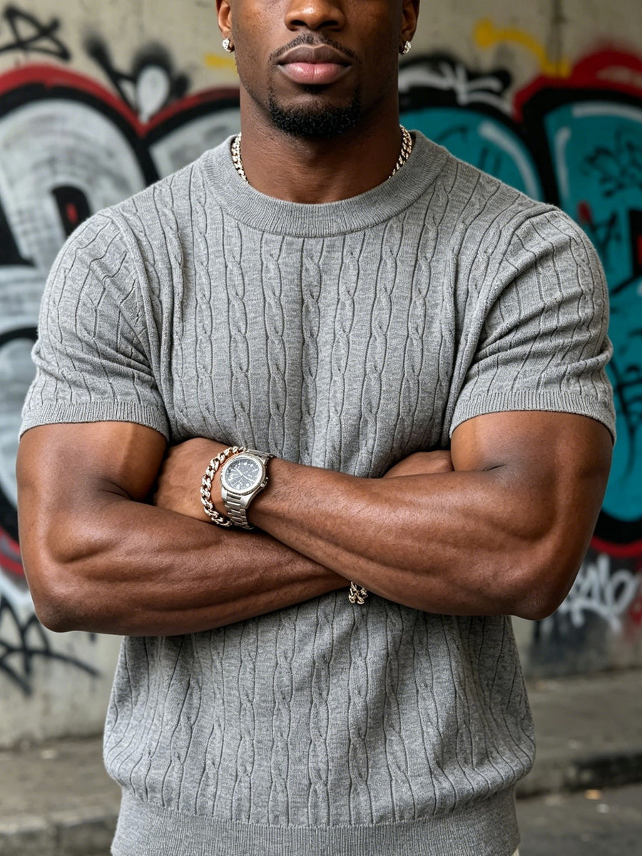 Classic Round Neck Cable Knit T-Shirt, Men'S Spring Summer Vintage Texture Top, Cable Twist Pattern Design, Breaking Pure Color Monotony, Suitable for Friends' Gatherings, Outdoor Camping, Casual Dates, Daily Strolls - Grey