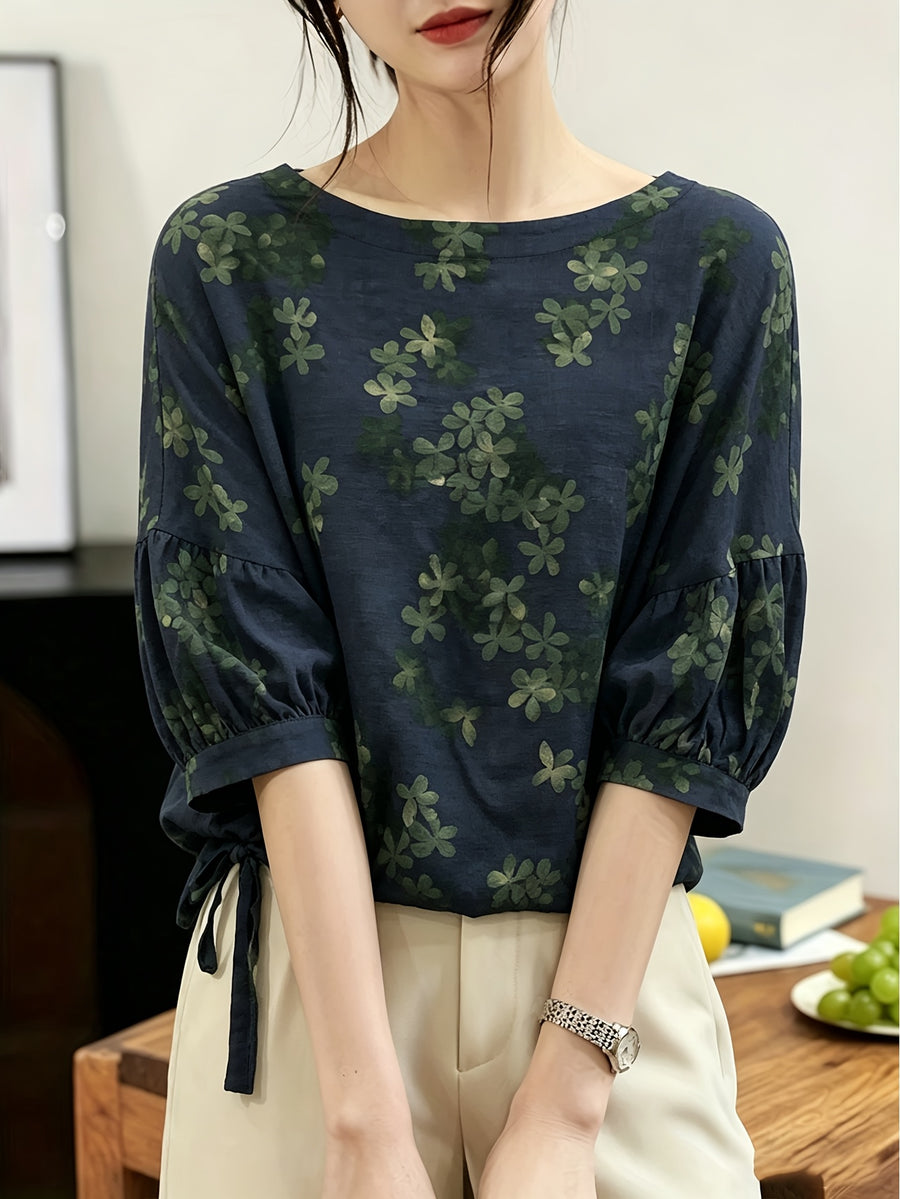 Vintage Forest-Style Floral and Botanical Print Blouse with Crew Neck, Lantern Sleeves, Side Drawstrings, Loose Fit, Effect, Five-Quarter Sleeves for Casual Outings - Sea Blue