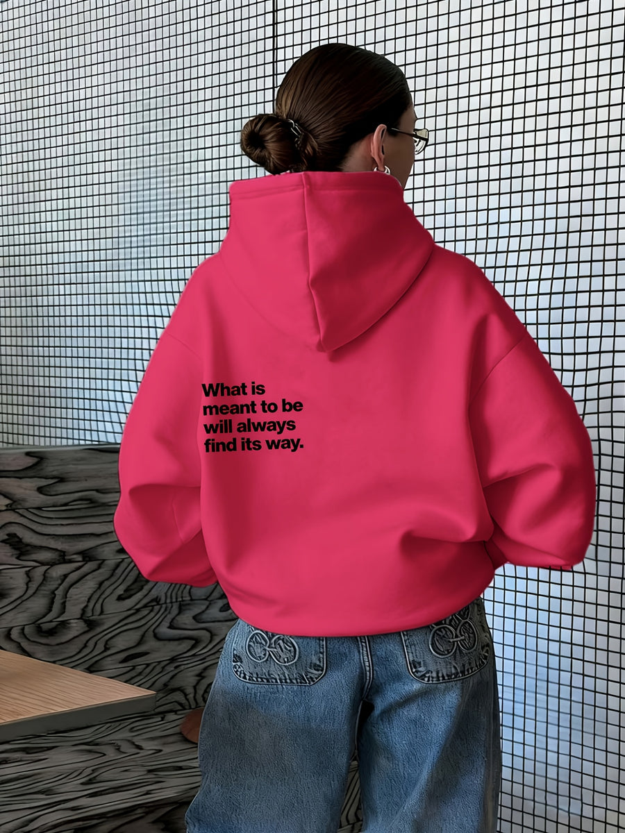 Women's Atmospheric Back English Phrase Print Hooded Sweatshirt with Fateful and Quote Design, Loose Oversized Drop-Shoulder Fit for Daily Streetwear Casual Pullover Hoodie - Rose Red