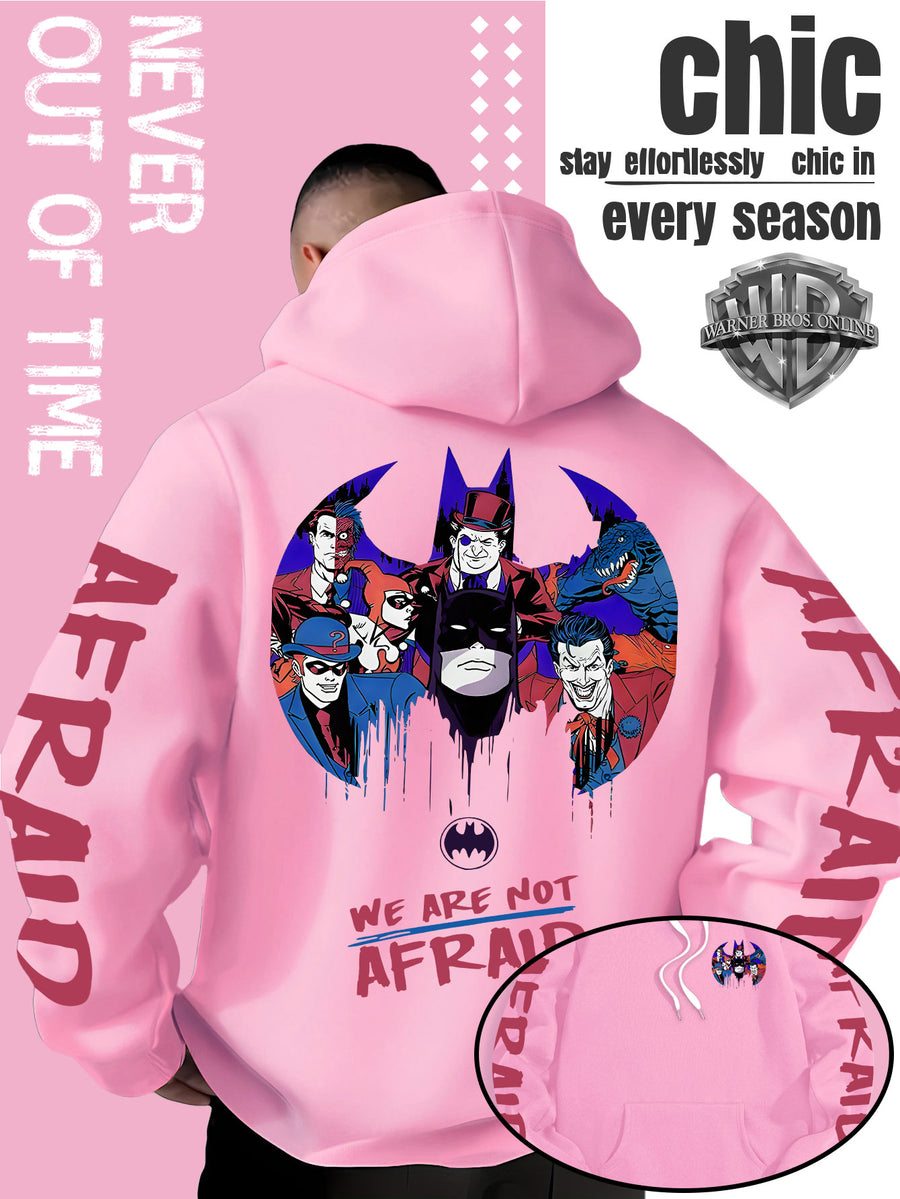 Men'S Batman Hooded Sweatshirt, Cool Graphic Print with Hero And Villain Characters, English Slogans And Sleeve Graffiti, Classic Meets American Dark Streetwear, Fall/Winter Comfortable Long Sleeve, Trendy Street Style for Men - Pink Color