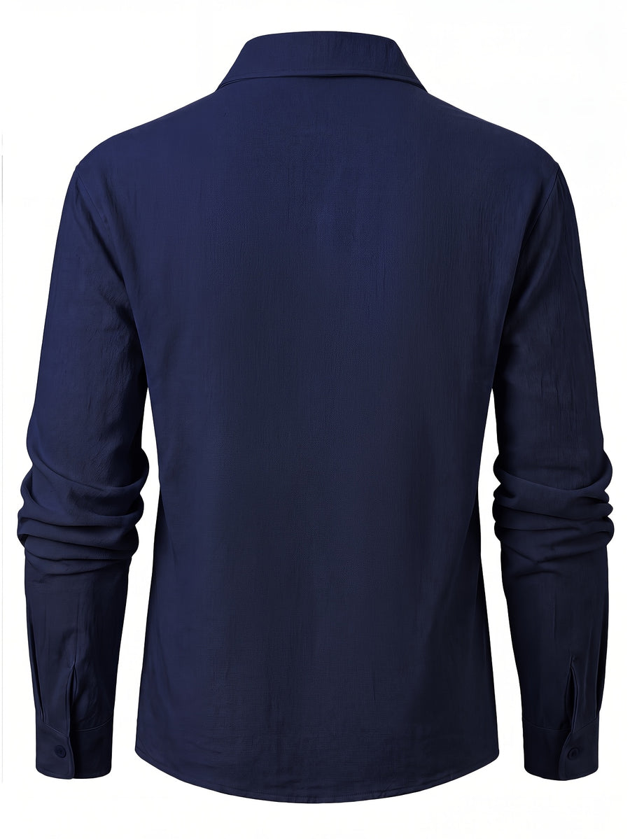 Men's Vintage Lace-Up Lapel Long-Sleeve Linen Shirt Casual Pullover Textured Shirt - Navy Color