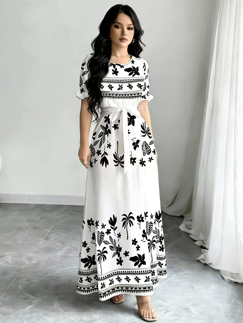 Holiday Gathering Vacation Dress Printed Dress Women'S Fashion Round Neck Short Puff Sleeve Skirt Design with Belt Waist-Cinching Long Dress Elegant Summer Dress ASD1 - Black