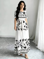 Holiday Gathering Vacation Dress Printed Dress Women'S Fashion Round Neck Short Puff Sleeve Skirt Design with Belt Waist-Cinching Long Dress Elegant Summer Dress ASD1 - Black