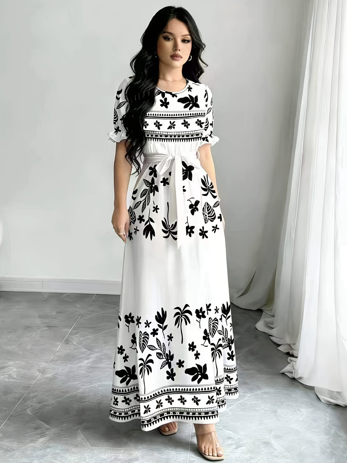 Holiday Gathering Vacation Dress Printed Dress Women'S Fashion Round Neck Short Puff Sleeve Skirt Design with Belt Waist-Cinching Long Dress Elegant Summer Dress ASD1 - Black