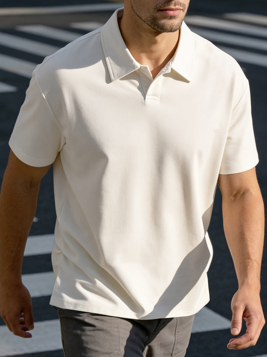 Spring/Summer American-style Solid Color Polo Shirt, Casual Versatile Short Sleeves with Lapel Collar, Simple Buttonless Placket - White Apricot
