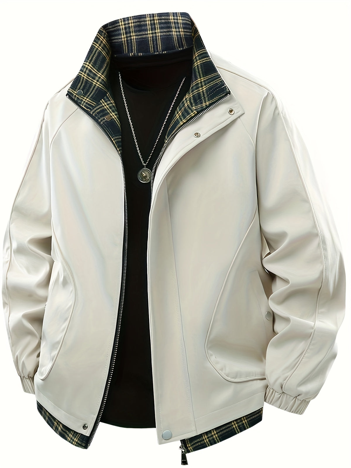 Spring New Men'S Loose Trendy Brand Jacket American Street Thin Lapel Solid Color Woven Plaid Tie-Dye Fake Two-Piece Jacket Coat - Pearl White
