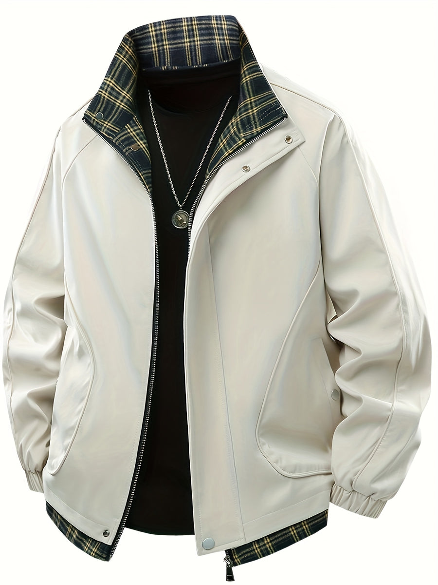 Spring New Men'S Loose Trendy Brand Jacket American Street Thin Lapel Solid Color Woven Plaid Tie-Dye Fake Two-Piece Jacket Coat - Pearl White