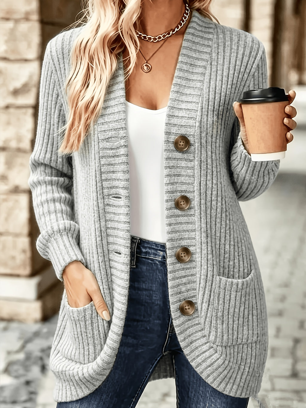 Women'S Casual Jacket, All-Season Elegant Long Sleeve Blazer - Grey