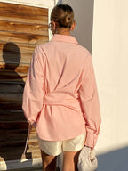 Women's New Spring/Autumn Solid Color Simple Waist Tie Design, Elegant for Daily Commuting, Vacation, Casual, Loose Fit, Temperamental, Fashionable, Versatile, Sweet Style Long Sleeve Shirt - Peach